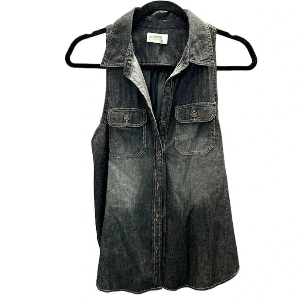 Dream Out Loud by Selena Gomez Black Denim Sleeveless Button-Up Top Sz L GUC